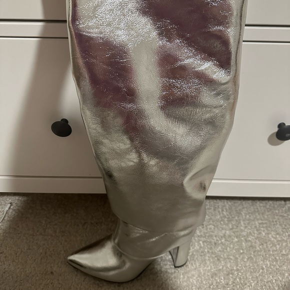 Silver metallic foldover knee high boots - Picture 3 of 8